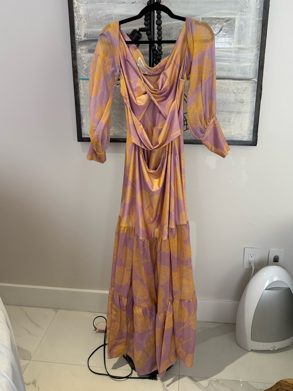 Purple & Mustard Floral Maxi Dress with Draped Neckline with removable sleeves